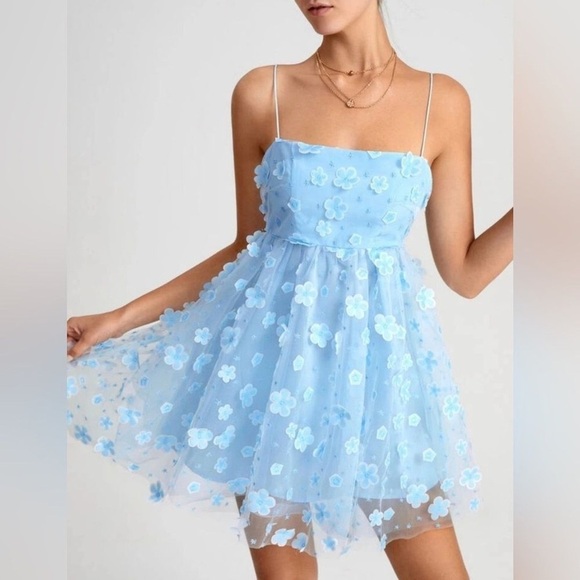 Trixxi | Mesh Organza Tulle Blue Floral Mini Dress - Picture 7 of 9